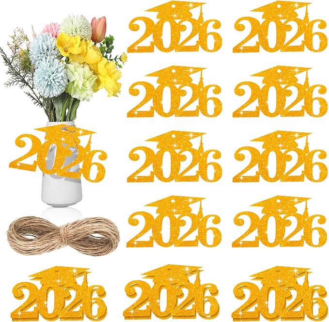 Chinco 24 Pcs 2026 Graduation Decorations Class of 2026 Graduation Centerpieces for Table Glitter Cutouts Grad Cap Tags Double Side Sparkling Glitter Confetti Party Decor for Vase Mason Jar(Gold)