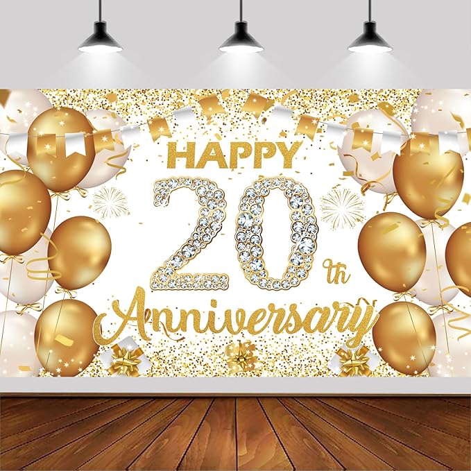6x3.6ft Happy 20th Anniversary Backdrop,White and Gold Happy Wedding Anniversary Party Banner Decorations Supplies Photo Booth Props