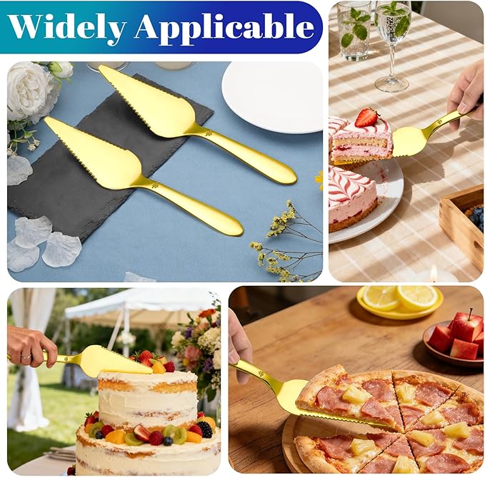 Cake Pie Server Set for Wedding, Elegant Pizza Slicer Server Set with Stainless Steel Big Serrated Edges, Cake Cutter Pie Spatula for Birthday Anniversary, 2 Pcs, Gold
