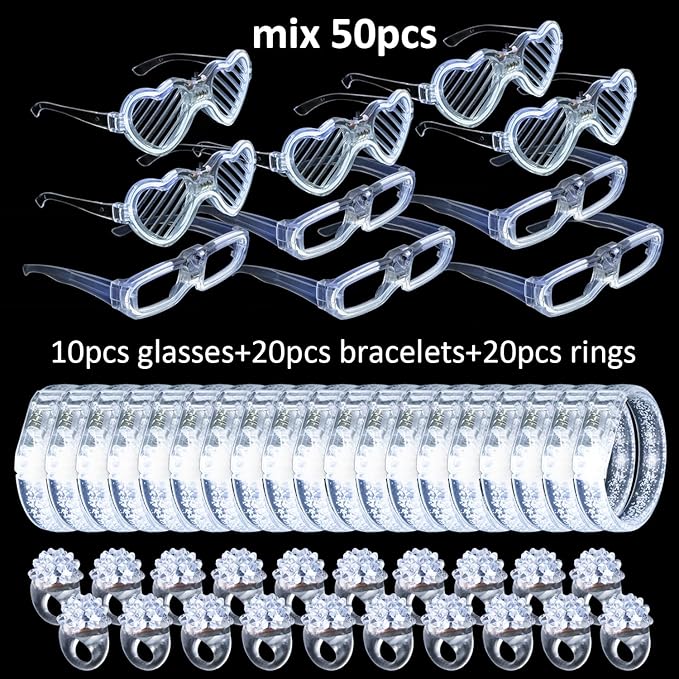 50Pcs White Wedding Party Supplies Set 10 LED Flashing Glasses 20 Light up Bracelets and 20 LED Blink Bumpy Rings Glow In Dark Romantic Valentine's day Neon Party Decorative Accessories