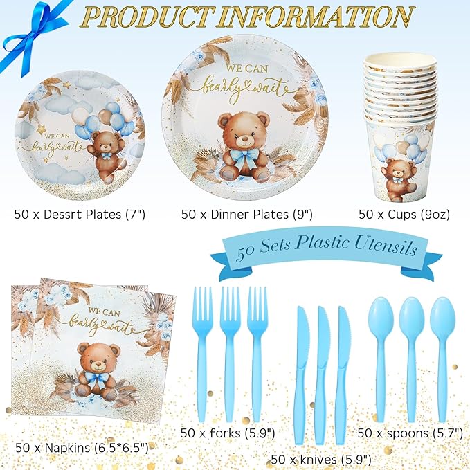 350 Pcs Bear Baby Shower Party Supplies We Can Bearly Wait Paper Plates Napkins Cups and Plastic Cutlery Party Tableware Set for Bear Baby Shower Birthday Decorations, Serves 50