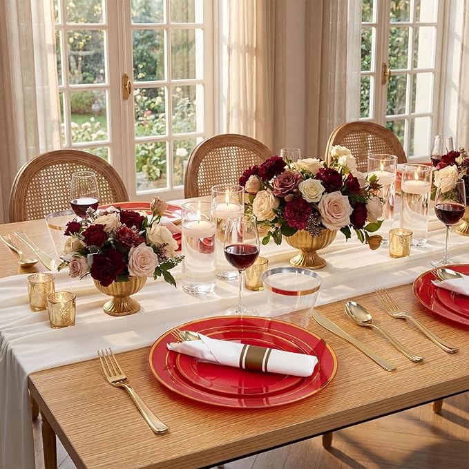175 Pieces Red Plastic Plates with Gold Rim Include Dinner Plate 10? Dessert Plate 7? gold Cups 9 OZ, Pre Rolled Napkins 25 of each type for Wedding Baby Shower Spring Birthday
