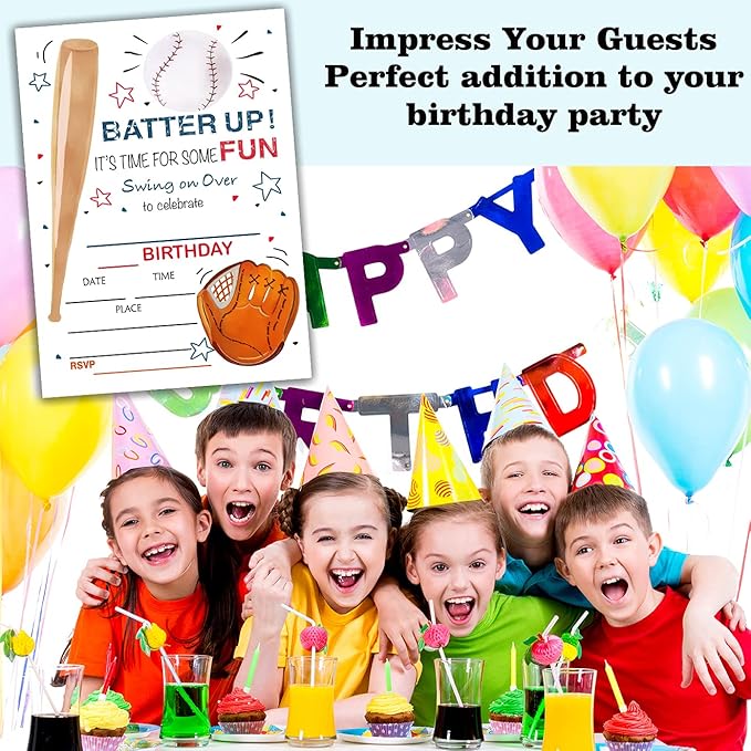 Baseball Birthday Party Invitation Cards, Batter Up It's Time for Some Fun Party Celebration, Party Supplies, Favors, 20 Cards With 20 Envelopes – (bq01)