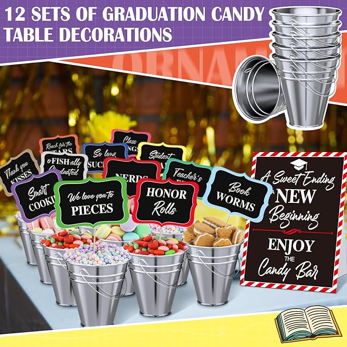 12 Set 2026 Graduation Candy Buffet Party Decoration Graduation Table Candy Bar Snack Labels Signs and 5'' Buckets with Handle for Class of 2026 Party Parties Supplies(Pure Style,Silver Color)