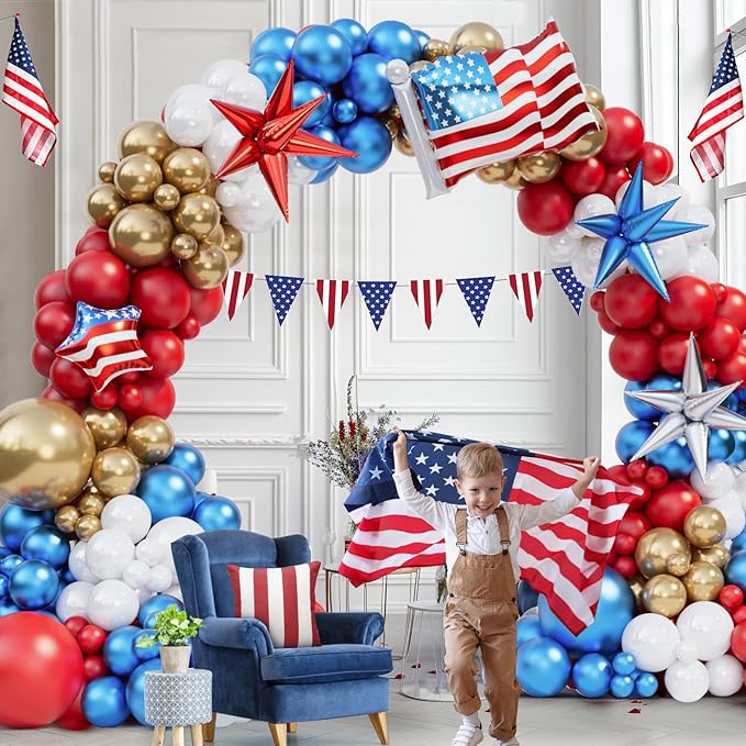 Bonropin Red White and Blue Balloon Garland Kit with Gold Balloons USA Flag Foil Balloon for Nautical Veterans Memorial Day Baseball Theme Party 4th of July Balloon Arch Graduation Decorations