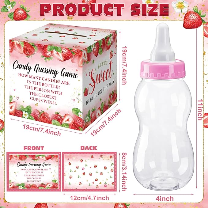 Glenmal 52 Pcs Baby Shower Games Gift Sets Large Baby Bottle for Shower Game Guess How Many Candies Decorations for Gender Reveal(Strawberry)