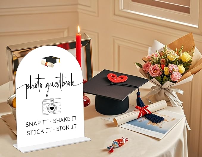 Graduation Photo Guestbook Sign, 6 x 8 Inch White Arch Acrylic Grad Party Sign with Holder, Graduation Party Sign for Class of 2026, Grad Decor, High School College Party Supplies - DL09