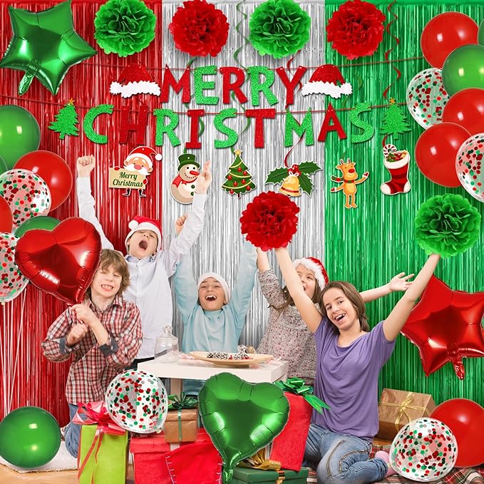 Merry Christmas Party Decorations Set Balloon Garland Arch Kit Balloons Merry Xmas Banner Red Green Foil Fringe Curtain Xmas Birthday Baby Shower Party Balloons Party Props for Photo Supplies