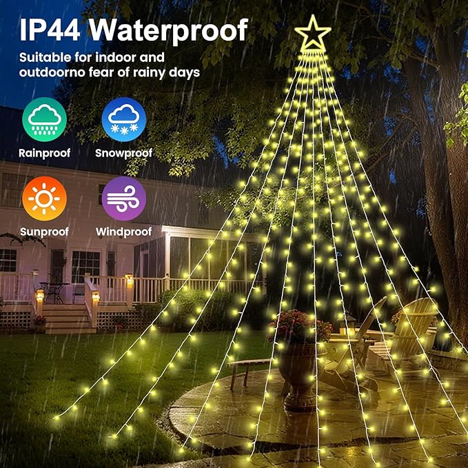 Christmas Decorations Outdoor, 11.5 ft 317 LED Star Christmas Tree Lights, 8 Memory Lighting Modes&Timer Star Light for Yard, Wedding, Party, Decorations（Warm