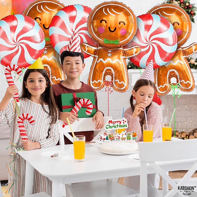 KatchOn, Gingerbread Balloons and Candy Cane Balloon - 32 Inch, Pack of 9 | Christmas Balloons for Gingerbread Christmas Decorations Indoor