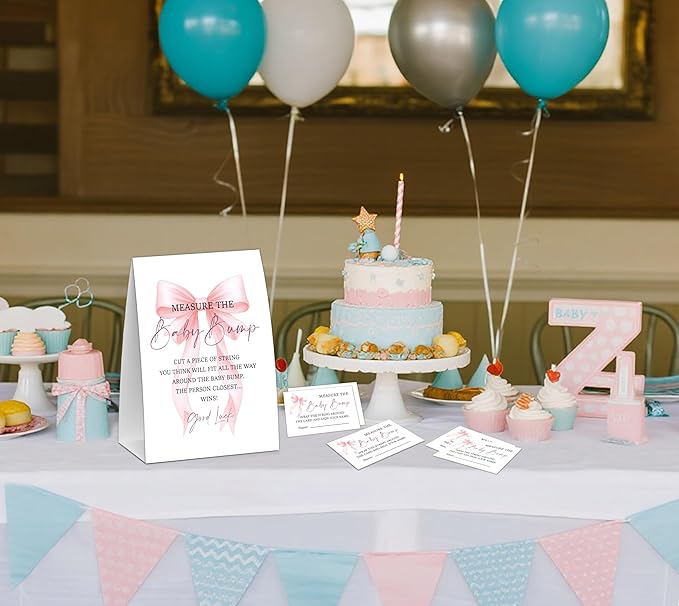 Pink Bow Measure the Baby Bump Game, Baby Shower Game, Include One 5×7 Sign and 50 Guessing Cards, Pink Coquette Bow Gender Reveal Party Decoration Supplies - FI01