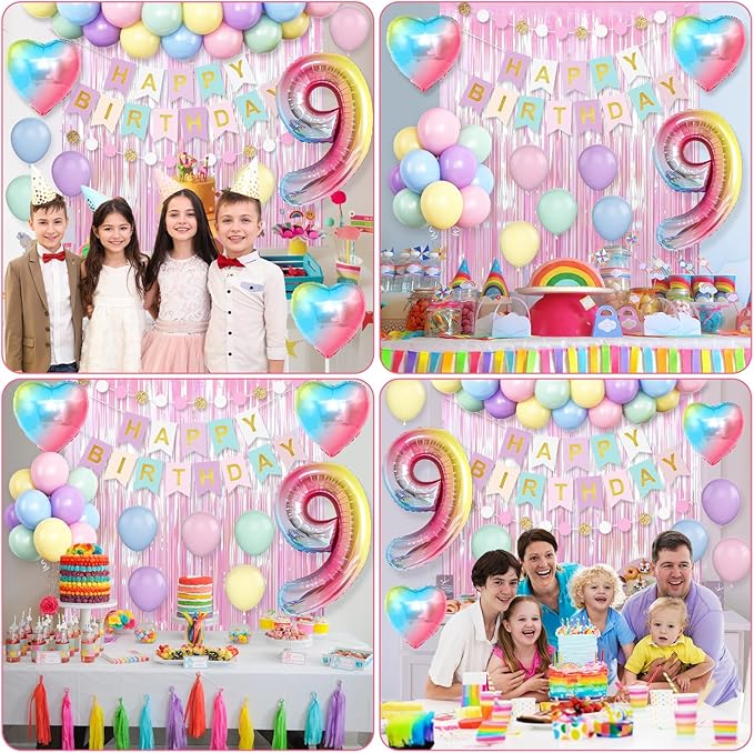 9th Birthday Decorations Rainbow,Gradient Number 9 Balloon,Pastel Happy Birthday Banner Fringe Curtain Heart Foil Balloons Boys Girls 9 Year Old Decor