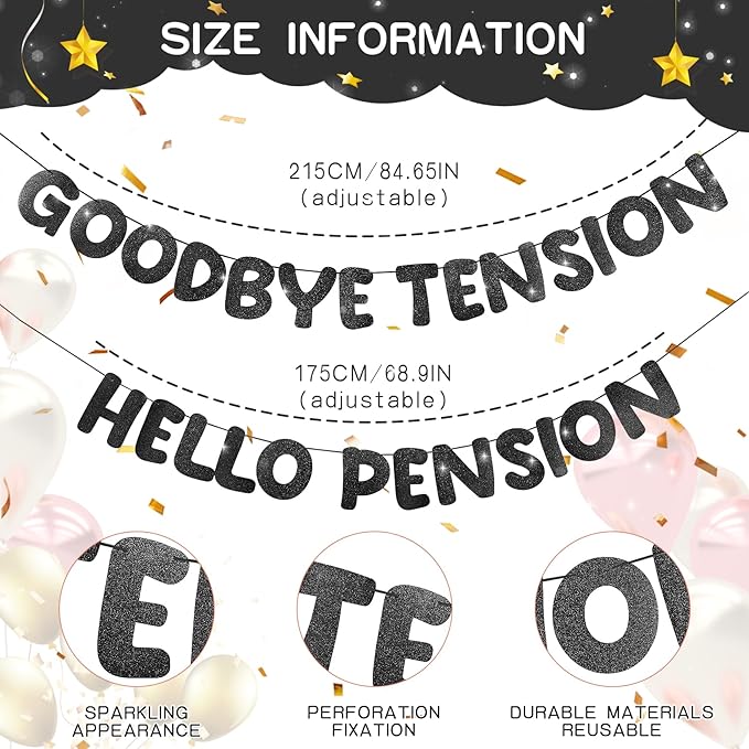 Retirement Banner Pre-Strung GOODBYE TENSION HELLO PENSION Banner Glitter Retirement Party Supplies Decorations for Women Men Office Home Decor (Black)