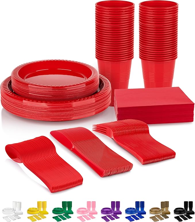 350 Piece RED Disposable Dinnerware Set 50 Guests, Plastic Party Plates And Cups And Napkins Sets - 50 Count 9" Dinner Plates, 7" Dessert Plates, 12oz Cups, Paper Napkins, Forks, Knives & Spoons