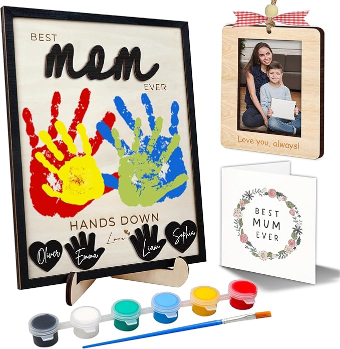 10" Hands Down Best Mom Ever DIY Handprint Kit with Acrylic Paints, Art Craft Family Keepsake Wood Frame Mom Keychain Birthday Gift Mother's Day for Mum, Family Memories Sign with Kids Names HF90-M