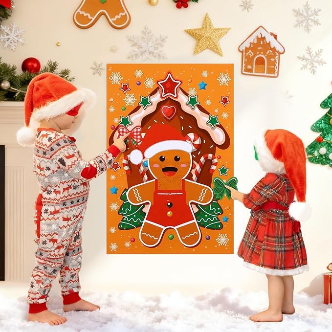AUGSUN Christmas Party Games Pin The Bow Tie on The Gingerbread Man Activities Xmas Gingerbread Poster with Blindfold and Stickers for Christmas Activity Birthday Party Favor Supplies Family Gathering