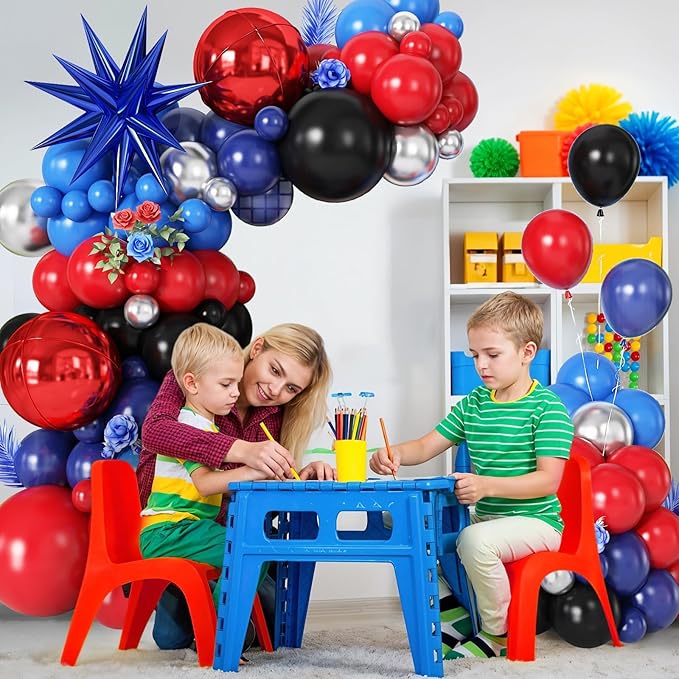Navy Blue Red Silver Balloon Arch Garland Kit with Star Balloons Red 4D Round Foil Balloons for Birthday Graduation Party Decorations