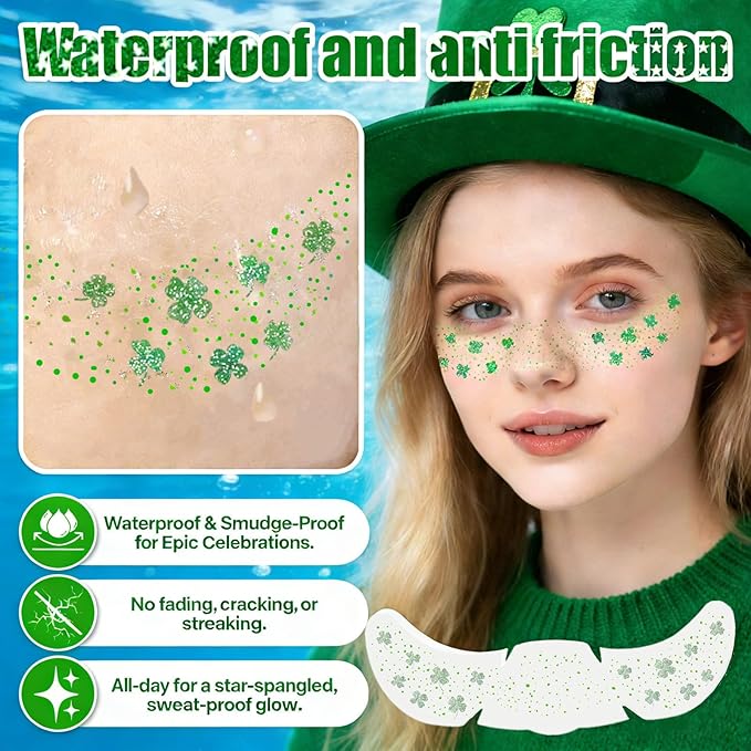 Go Ho Shamrock Glitter Freckles Face Tattoo,St Patricks Day Accessories - Freckles Sparkle,St Pattys Outfit Women Kids Face Stickers,Shamrock Green Glitter Stickers,6 PCS