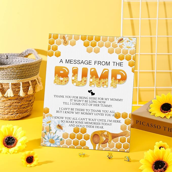 Roowest Cool Baby Shower Tabletop Decoration a Message from the Bump Wooden Baby Shower Games Sign Greenery Cute Gender Reveal Party Thank You Sign, 11.2 x 8.66 Inches(Bee)