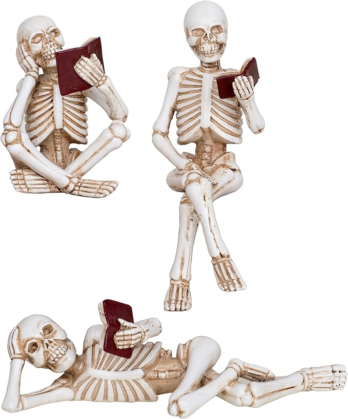 3 Piece Halloween Indoor Decor Figurines Sitting Skeleton Statue Halloween Decorations mini Reading Skull Figurine Home Decor for Living Room Table Shelf Ornament