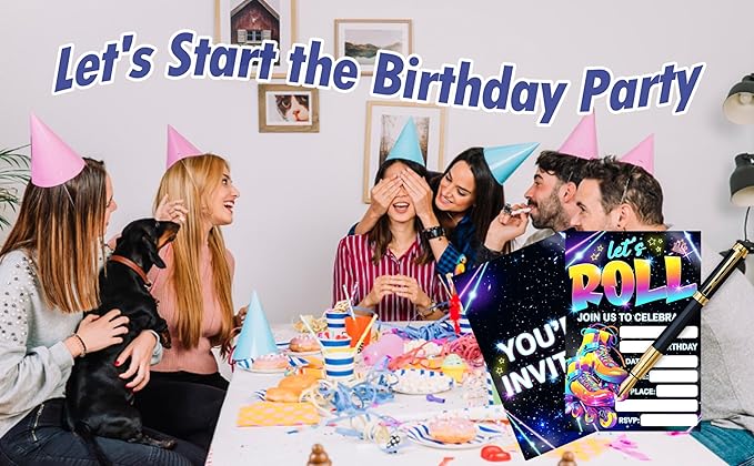 CLIRBE Let's Roll Birthday Party Invitations, Glow Neon Birthday Invitations For Brother Bro Teen Boys Girls, 20 Invites Cards With 20 Envelopes, Party Supplies Favors -H07