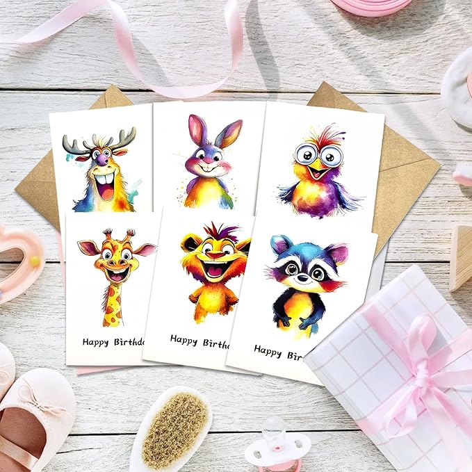 Birthday Cards Pack of 12,Birthday Cards Bulk for Women Men Kids Assorted Birthday Greeting Cards for Kids Assortment, 12 Card with Envelopes (Cartoon animals)