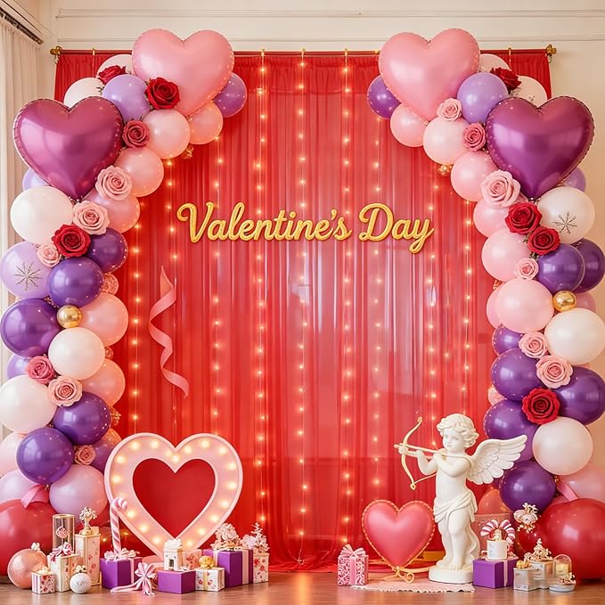 10x10ft Red Tulle Backdrop Curtain with Lights String for Parties, Sheer Photo Backdrop Curtains for Valentines Wedding Baby Shower Birthday Party Photo Shoot Decorations