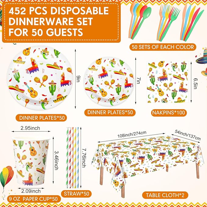 Ceenna 452 Pcs Mexican Party Supplies for 50 Guests, Fiesta Plates Napkins Cups Tablecloth Cutlery Straw Tableware for Cinco De Mayo Birthday Taco Party Decorations
