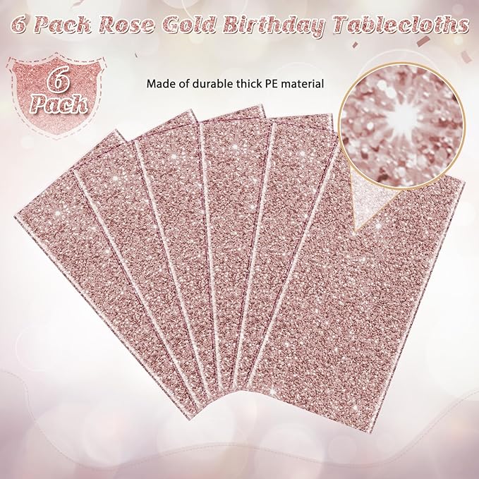 6 Pack Pink Rose Gold Birthday Tablecloth, Rose Gold Glitter Sequin Printed Plastic Table Cloth for Parties, Disposable Rectangle Pink Table Cover for Wedding Baby Shower Birthday Supplies, 54x108Inch