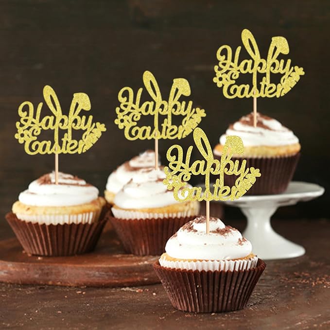 Ercadio 24Pcs Happy Easter Cupcake Toppers Glitter Golden Happy Easter Bunny Ears Cupcake Picks for Easter Day Theme Baby Shower Easter Birthday Party Cupcake Decorations