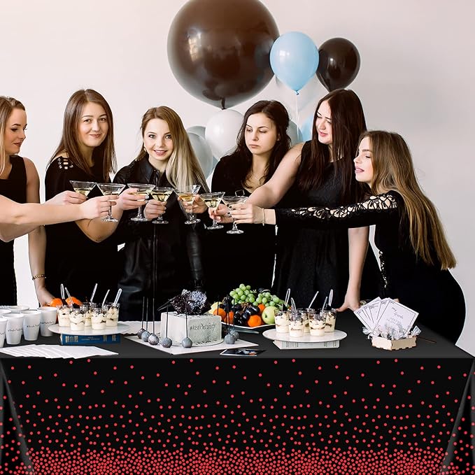 12 Pack Red and Black Dot Plastic Tablecloth, Red Stamping Dot Confetti Rectangle Plastic Disposable Table Cover for Birthday Wedding Baby Shower Engagement Anniversary Party Decorations, 54 x 108Inch