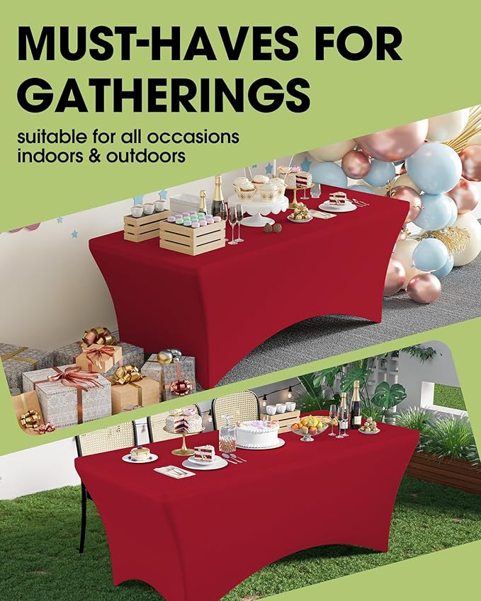 Pureegg Spandex Tablecloth 6ft - 6 Pack, Fitted and Stretch Table Cover for Rectangle Tables, Wrinkle-Resistant and Secure Fabric for Outdoor, Picnic, Party, Wedding, Banquet and Birthday, Red