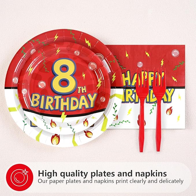 Grencian 96Pcs Happy 8th Birthday Party Supplies Cartoon Anime Themed Paper Plates and Napkins Tableware Sets Disposable Red and White Decoration for 8 Year Old Birthday Kids Children Party Serves 24