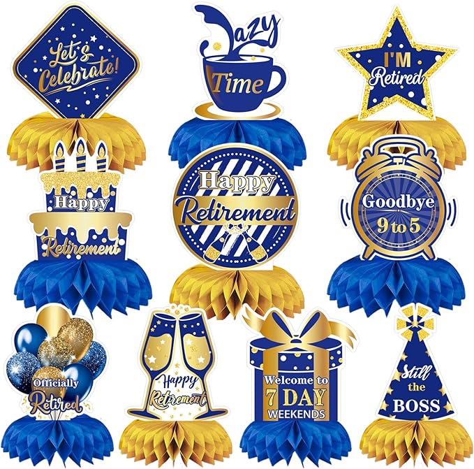 10 Pcs Retirement Party Decorations, Blue Gold Retirement Table Honeycomb Centerpieces Happy Retirement Table Topper for Men Women Happy Retirement Decorations for Party Supplies