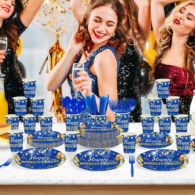 168Pcs Happy Workiversary Party Decorations Blue Gold Happy Work Anniversary Plates and Napkins Cups Forks Tableware Set for Men Women Worker Employee Appreciate Office Party Supplies Serves 24