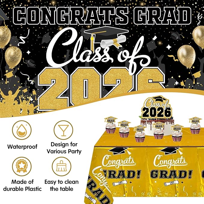 Class of 2026 Graduation Decorations Black and Gold Party Supplies Kit, Include Congrats Grad Banner, Foil Fringe Curtain,Tablecloth,Balloon Arch, Hanging Swirls for High School College