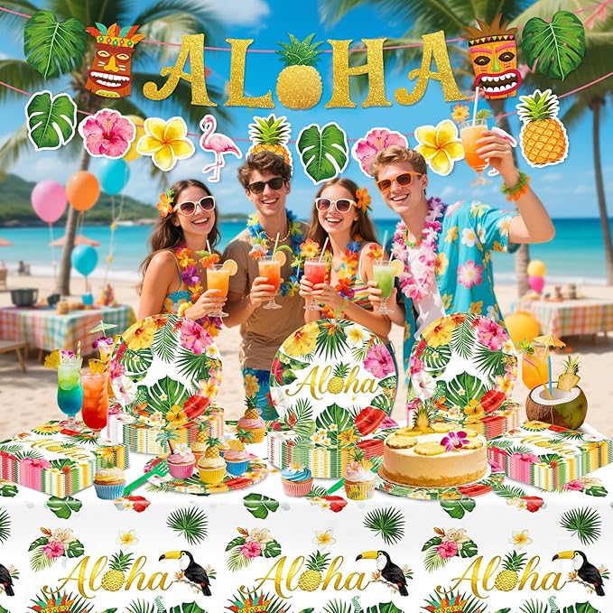 Luau Party Decorations, 99Pcs Hawaiian Aloha Party Plates-Serve 24 With Aloha Banner Tablecloth Napkins Disposable Dinnerware Set for Hawaiian Tropical Summer BBQ Party Decorations
