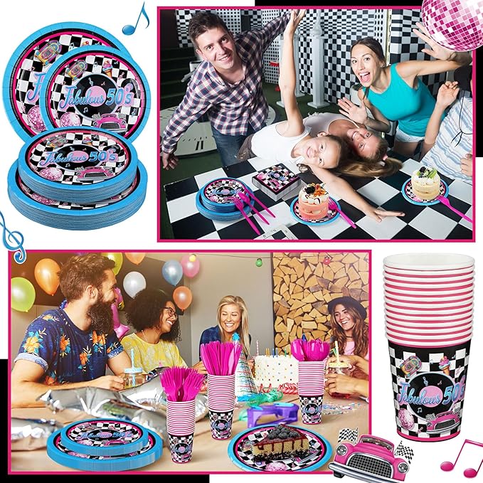 Yungyan 252 Pcs 50s Party Supplies Fabulous 1950s Plates and Napkins Disposable Back to the 50s Napkin Plate Cup 1950s Rock Music Record Decorations Retro Sock Hop Tableware Serves 36 Guests