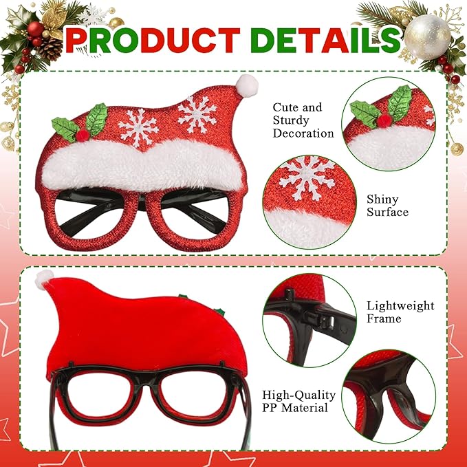 2026 Christmas Party Glasses,12pcs Fun Glitter Christmas Holiday Photo Booth Props for Kids Adults, Costume Eyeglasses for Christmas Party Favors and Decorations(One Size Fits All)