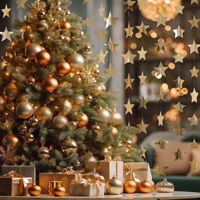 Spakon 65 Feet Glitter Star Paper Garland Banner Hanging Decoration Star Streamers Double Side 2026 Graduation Decorations for Wedding Birthday Festival New Year Party Decoration(Champagne Gold)