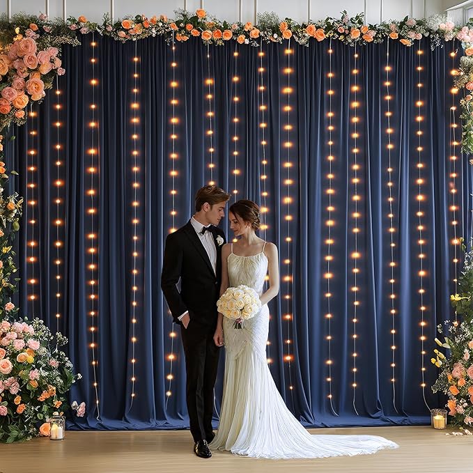 10 x 10ft Navy Blue Backdrop Curtains with Lights String for Wedding Polyester Photo Backdrop Drapes Wrinkle Free White Curtains Backdrop for Birthday Parties Reception Baby Shower Ceremony, 2 Panels