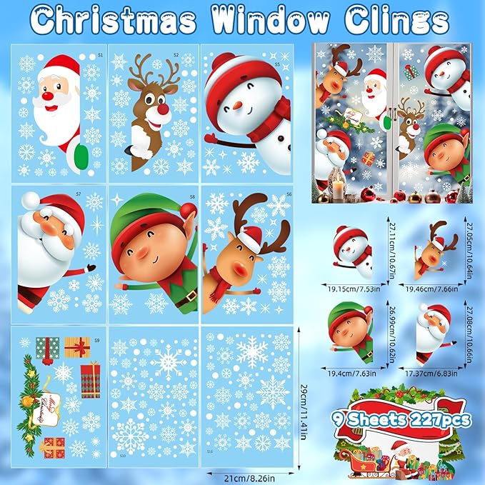 227 PCS Christmas Snowflake Window Clings Decoration, Christmas Window Stickers, Indoor Xmas Party, Snowflake Santa Claus Reindeer Decals, Thanksgiving Party Décor, Winter Holiday Decor Home Party.