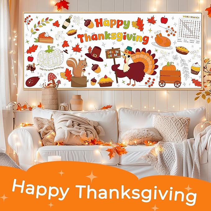 Childom 1 Pack Thanksgiving Coloring Tablecloth for Kids,Thanksgiving Crafts for Kids,30 x 72 Inch Disposable Paper Table Cover,Giant Coloring Poster for Children Gifts Games Activities Holiday Party