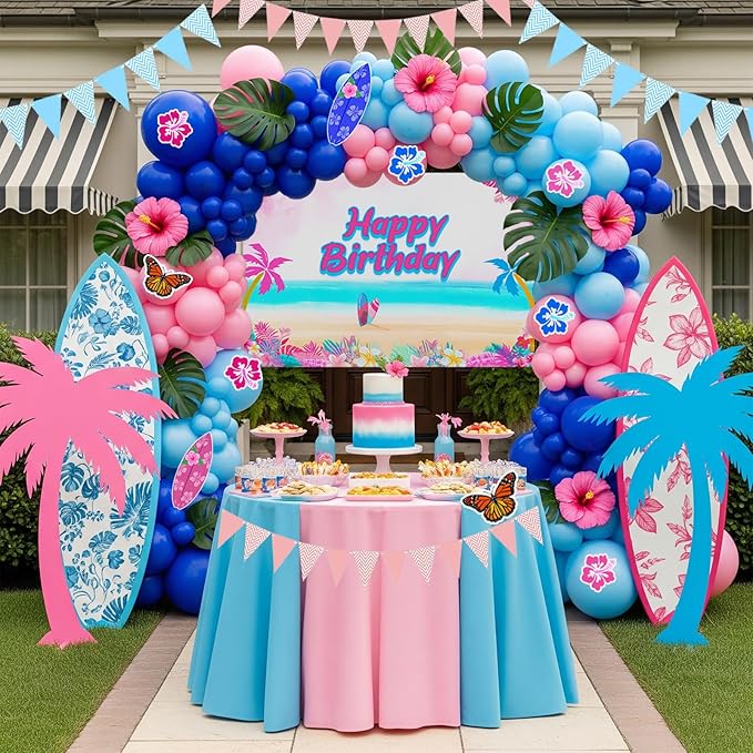 Pastel Pink and Blue Balloon Garland Arch with paper cards banner backdrop Artificial Palm Leaves for kids cartoon Hawaii gender reveal Baby shower birthday halloween trunk or treat party decorations