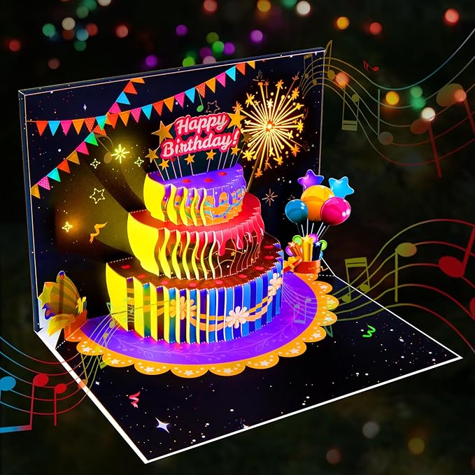 GREETING ART 3D Pop Up Firework Birthday Cards, Musical & LED Lights Birthday Cards with Birthday Cake, Happy Birthday Card Postcards Greeting Cards for Women, Men, Kids
