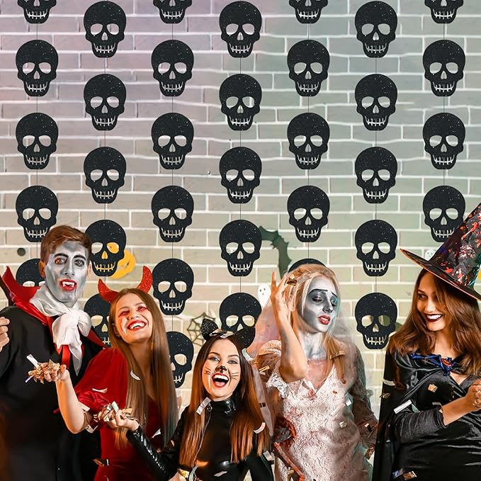 Xinnun Skull Party Decorations Black Skeleton Hanging Banners Garland Gothic Theme Banner Cutouts Ribbon Streamers for Halloween Spooky Funny Funeral Birthday Party Decor Supplies(Skull)