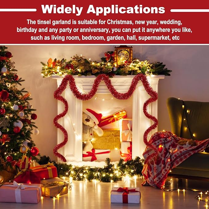 50 Feet Christmas Tinsel Garland, Metallic Twist Wall Hanging Tinsel Backdrop for Parade Floats, Carnival, Birthday, Wedding, New Year Party Decorations (Red, 2in x 50ft)