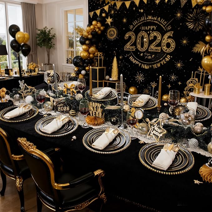 175PCS Black and Gold Plates - Black Disposable Plates for Party - 25Guests Disposable Dinnerware Set for Graduation Wedding Party Birthday
