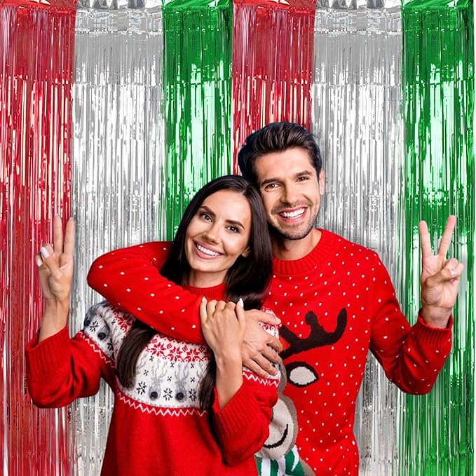 BRAVESHINE 2 Pack Fringe Backdrop Red Silver Green Christmas Party Decorations 3.2 x 6.6 ft Tinsel Foil Curtain Streamer for Valentines Day/Engagement/Bridal Shower/Birthday/Italian Party Decorations