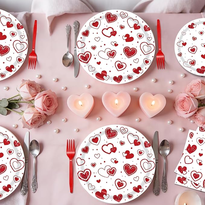 96 Pieces Valentines Day Love Plates and Napkins Party Supplies, Red Heart Disposable Tableware with Paper Plates Napkins and Forks for Valentine Day, Wedding Anniversary Party Favors - Serves 24